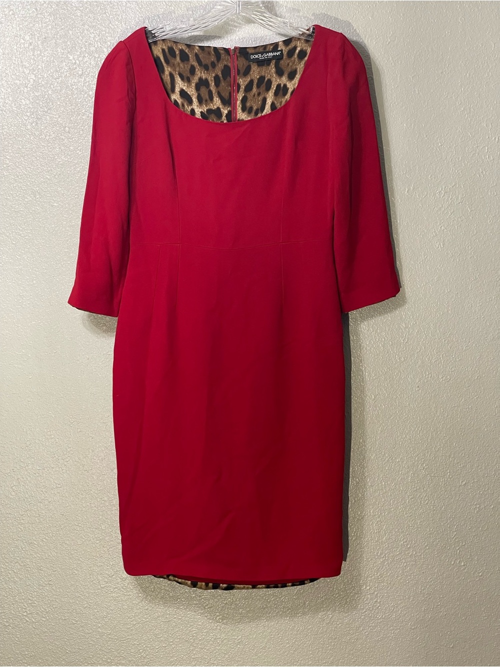 Dolce & Gabbana Red Scoop Neck Midi Dress with Leopard Lining - Size 44 (US 8)